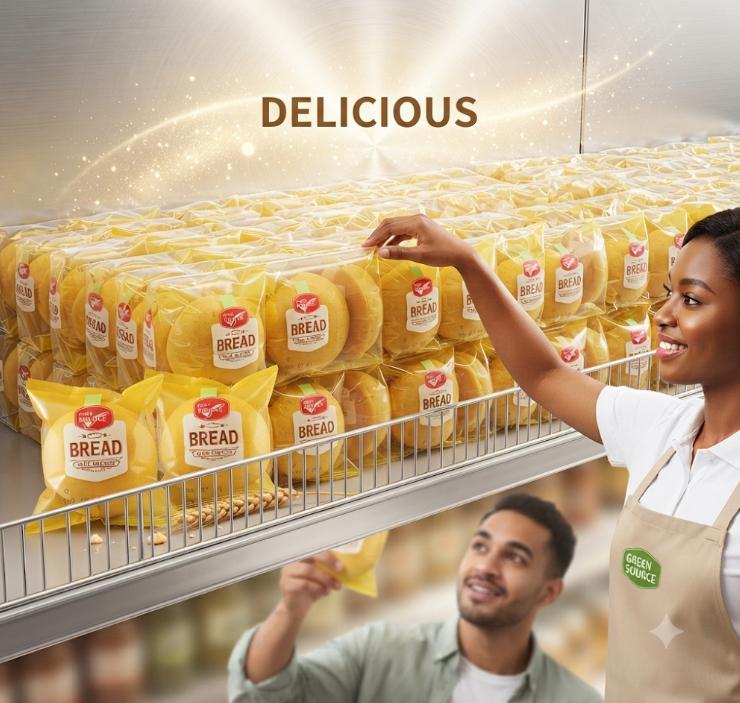 Green Source bread on a store shelf